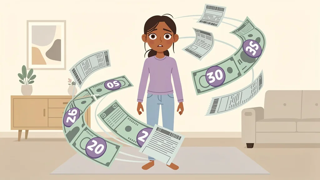 Maya stands overwhelmed by a swirling vortex of bills and receipts in her living room